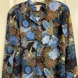 H&M Women’s Size 4 Shirt  Button Down Blouse Floral Navy Long Sleeve Spring